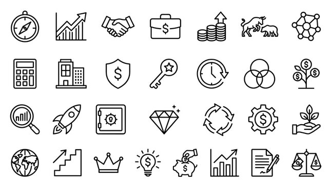 Collection of business and finance icons representing growth strategy investment success and global economy concepts