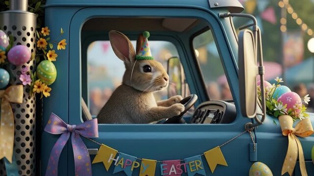 Bunny rabbit driving blue easter truck with eggs and flowers. Festive happy easter banner on decorated vehicle. Spring holiday celebration and joyful tradition concept