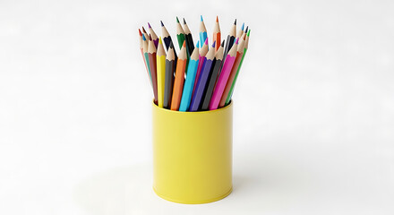 Fototapeta premium A yellow container holding a bunch of colored pencils