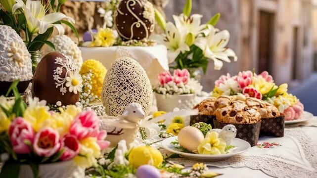 Easter table arrangement with painted eggs and fresh flowers. Traditional holiday setup featuring colomba cake and toy bunny. Spring celebration decoration for festive gatherings
