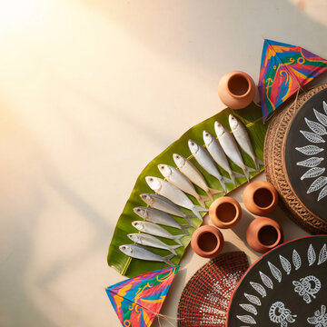 Pohela boishakh traditional bengali new year decorations and hilsa fish on banana leaf, top view, copy space on left