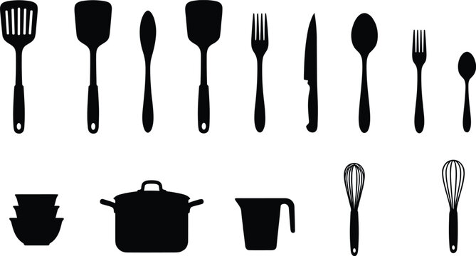 Kitchen utensil silhouettes collection with cooking tools, cutlery, pots and bowls, black kitchenware illustration set, minimal isolated vector for culinary and food design