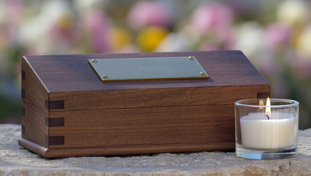 Wooden memorial box with candle for remembrance and reflection in outdoor setting