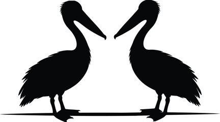 Fototapeta premium Symmetrical pelican bird silhouettes facing each other, black avian wildlife illustration with long beaks, minimal isolated design, coastal nature concept for modern graphic use