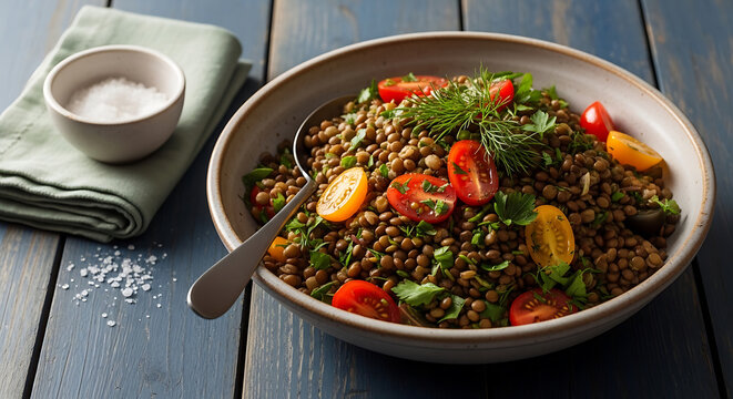A bowl of lentil salad with tomatoes and herbs on a wooden table