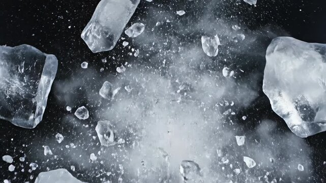 Ice block shatters into multiple fragments, creating a dynamic explosion of ice shards and mist against a dark background, showcasing the impact and dispersion of ice