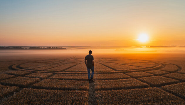 Silhouette of a person standing at the edge of a massive crop circle at sunset