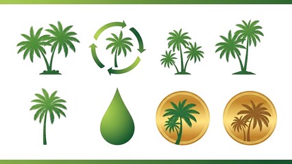 Obraz premium Set of green palm tree and symbols including a recycling arrow circle a water drop and golden circular emblems