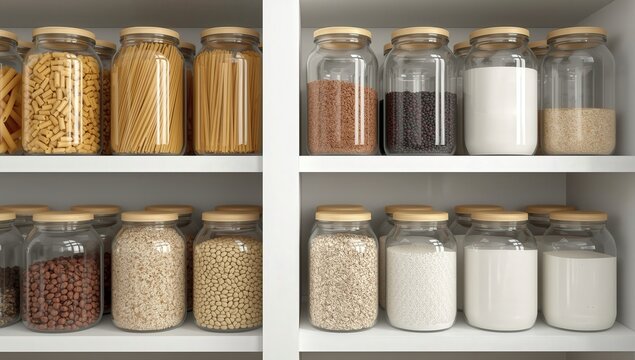 Imagen de ingredientes de cocina org&aacute;nicos y saludables como especias, semillas, sal y pimientos en botes blancos sobre una encimera de granito, junto a biberones y frascos aislados para cocinado y al