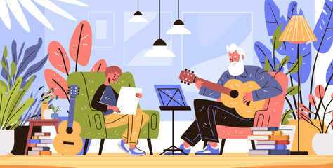 Active seniors guitar lesson music learning living room scene with elderly man playing guitar and young boy reading sheet plants books cozy home