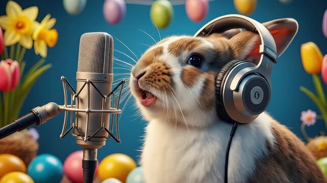 Adorable bunny rabbit singing passionately into vintage microphone while wearing headphones. Surrounded by colorful easter eggs tulips and daffodils for spring holiday celebration. Fun musical