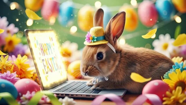 Cute easter bunny on open laptop displaying happy easter message. Adorable rabbit in yellow hat surrounded by colorful eggs and spring flowers for holiday greeting and celebration concept