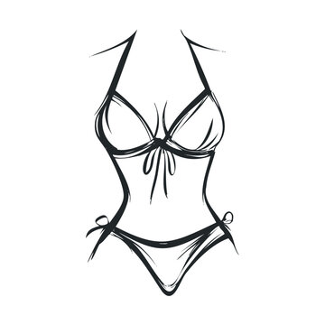 Stylized bikini swimsuit sketch of a female body with a halter top and tie-side bottoms, rendered in a minimalist black and white line art style.