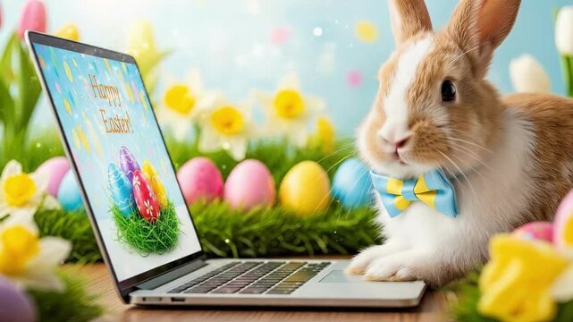 Easter bunny viewing happy easter message on laptop screen. Cute rabbit with blue bow tie surrounded by colorful eggs and spring flowers. Digital holiday greeting and online celebration concept