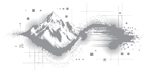 Obraz premium Abstract mountain peak landscape with halftone dots and geometric line elements vector illustration 