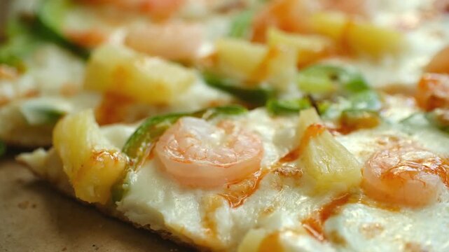 Macro view hawaiian style pizza slice with fresh shrimp, juicy pineapple chunks, green peppers, and melted mozzarella cheese. Delicious shrimp and pineapple pizza closeup