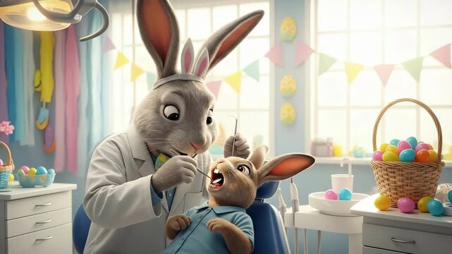 Easter bunny dentist examining young rabbits teeth in festive clinic. Anthropomorphic rabbits celebrating oral health during holiday. Dental checkup concept with colorful eggs and decorations
