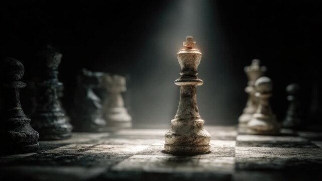Strategic King: In a dramatic composition, the king chess piece stands at the center of the chessboard. Illuminated by a focused light, emphasizing power, strategy, and the pivotal role of leadership.