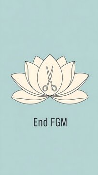 Lotus flower design with scissors and text end fgm against a teal background