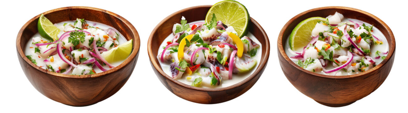 Kokoda seafood ceviche with lime and coconut milk served in wooden bowl isolated on white background, concept of Fijian cuisine