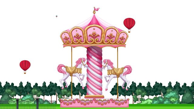 Animated Pink Carousel with Hot Air Balloons in a Park Setting