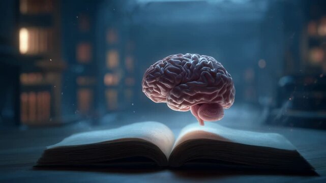 Explore a creative journey with the brain rising from an open book in a quiet library setting at night