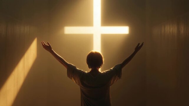 Person stands with arms raised in front of a cross during a moment of worship and reflection at church