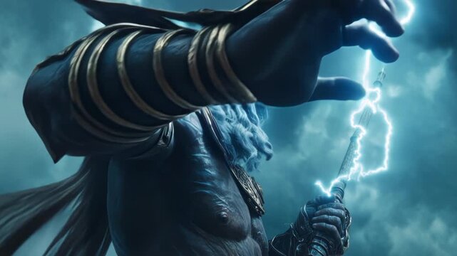 Zeus stands strong with lightning in hand against dark clouds in ancient Greece during a stormy moment