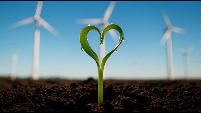 Close-up of a small green sprout with leaves forming a heart shape. Background of a wind turbine farm under a blue sky as a concept for renewable green energy and ecological love.