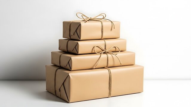 Stack of four rectangular gift boxes wrapped in plain brown craft paper tied with natural jute twine on a white background