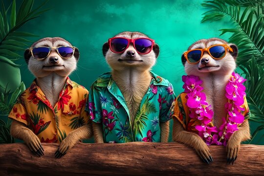 Three meerkats wearing sunglasses and hawaiian shirts sitting on a tree branch