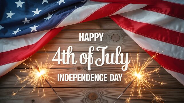 Happy 4th of July Independence Day Celebration with American Flag and Sparklers on Wooden Background