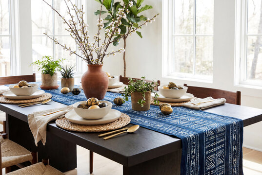 Modern Afrohemian dining room interior with blue indigo Adire fabric runner on wooden table decorated with golden batik Easter egg and blooming branch in ceramic vase for spring celebration