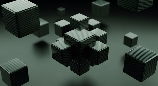 Abstract Carbon Fiber Fractal Cubes in Emerald Technology Background