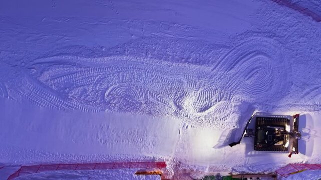 A snow groomer moves across a ski slope at a mountain resort in the evening. The machine creates smooth tracks for skiers. Red safety barriers outline the area.