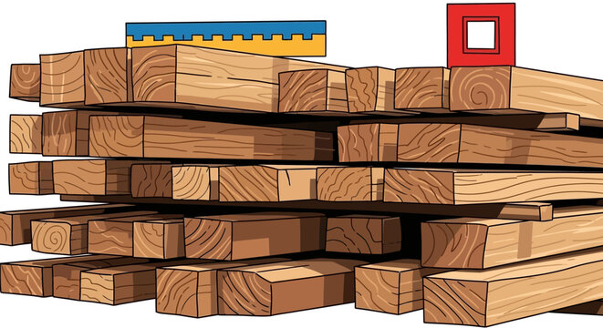 A stack of wooden planks and lumber.