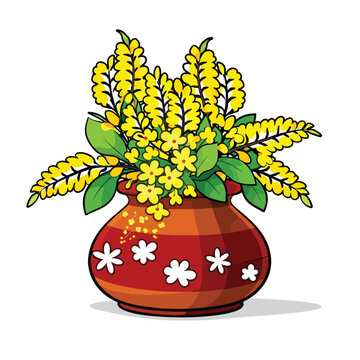 Bright Yellow Floral Bouquet in Decorative Red Vase Cartoon Illustration for Spring Home Decor
