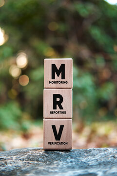 MRV concept monitoring reporting verification wooden blocks
