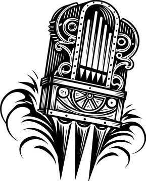SVG dark mechanical gothic codex tattoo design vector. Vintage Music Instrument with Musical Notes in Retro Style Design
