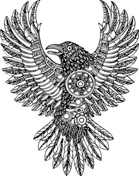 SVG dark mechanical gothic codex tattoo design vector. Intricate Black and White Illustration of a Stylized Flying Bird