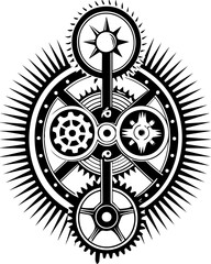 Obraz premium SVG dark mechanical gothic codex tattoo design vector. Intricate Black and White Gear Design with Sun and Spikes