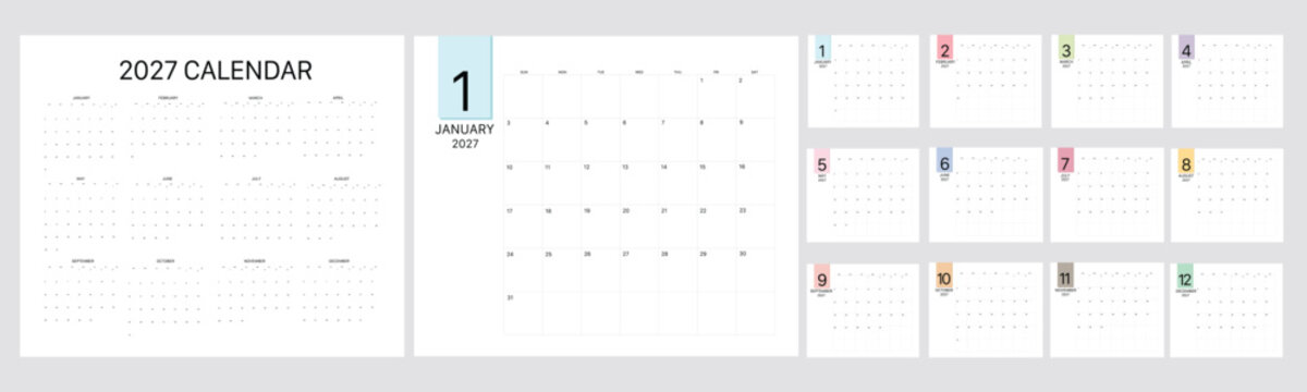 Calendar 2027 Monthly template on white background. Minimalist design layout calendar week starts on Sunday. Use for New year, business, print.