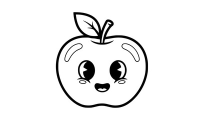 Obraz premium Cute apple character coloring page monochrome comic cartoon fruit vector illustration isolated on white