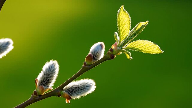 Close-up of pussy willow catkins and fresh green leaves on a branch against a vibrant green background, symbolizing spring's arrival.