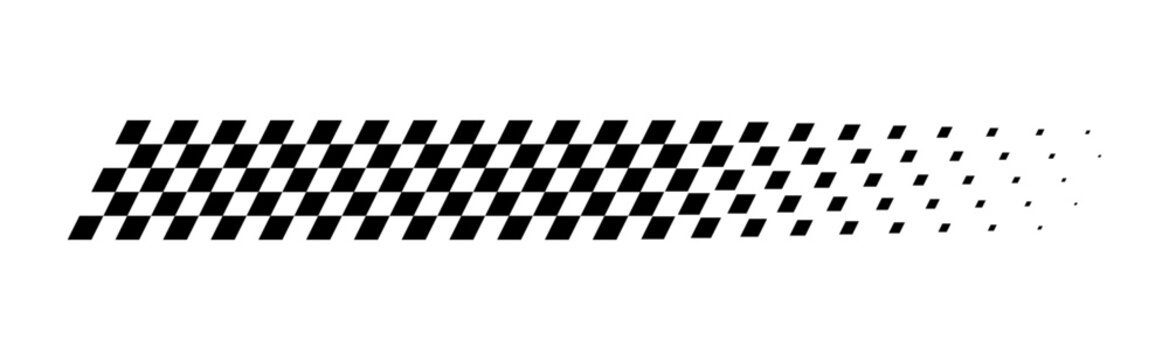 Race flag line. Black and white checker finish ribbon. Car race check grid pattern. Rally border texture. Gradient chess line. Graphic design element. Vector illustration isolated on white background.