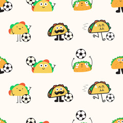 Obraz premium Cute Taco Characters Playing Soccer Seamless Pattern. Colorful Flat Minimal Sport Design on White Background.