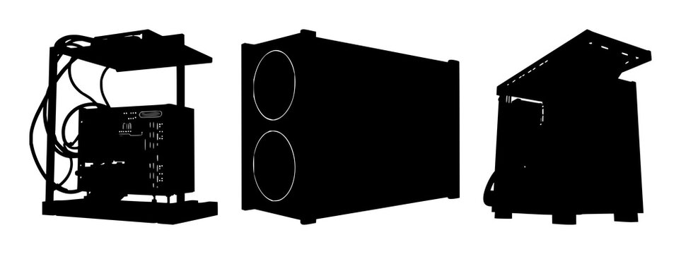 Crypto mining rig set with solid black silhouette on white background high contrast featuring crypto, mining, digital finance with infrastructure and technology