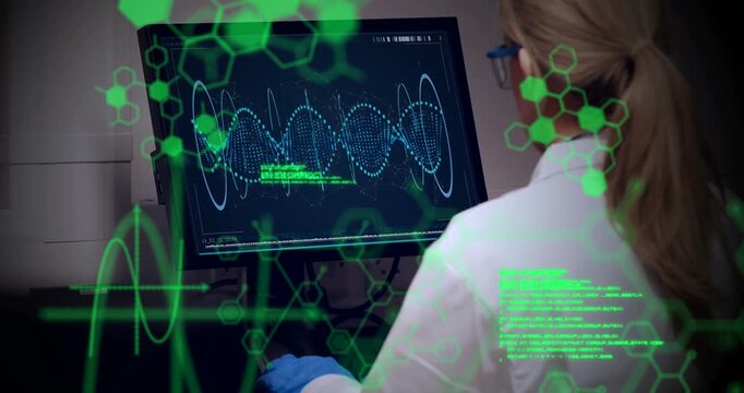 Molecular structures floating against caucasian female scientist using computer at laboratory