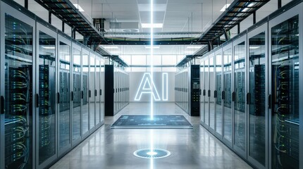 Obraz premium Glowing AI portal centered in futuristic data center corridor