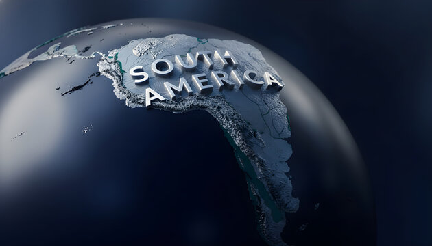 Close-up 3D render of South America continent on a dark, glossy globe with dramatic lighting